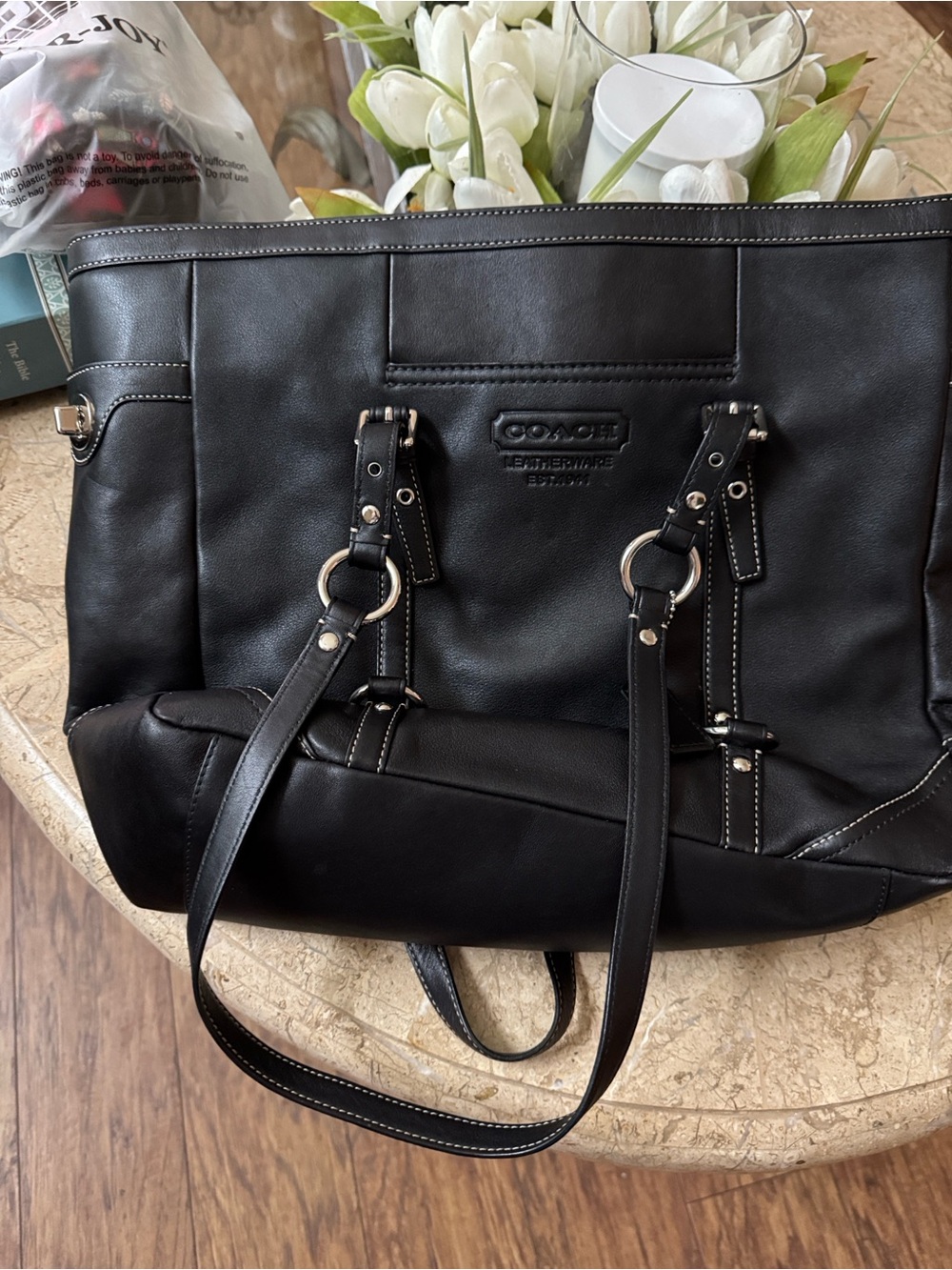 COACH Black Leather Double-Handle Tote with Silver Rings